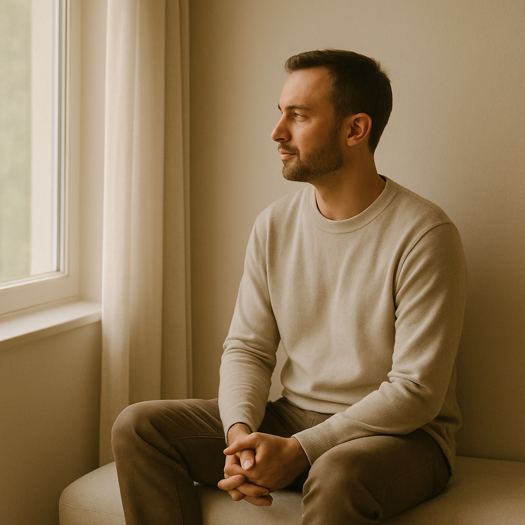 A calm man sitting by a window
